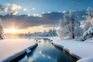 une rivière dans le neige. généré par ai photo