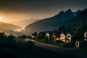 une village dans le montagnes à le coucher du soleil. généré par ai photo