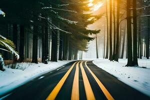 une neigeux route dans le les bois avec des arbres et Soleil. généré par ai photo