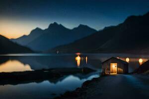 une petit cabine est assis sur le côté de une Lac à crépuscule. généré par ai photo