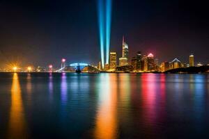 le ville lumières en haut à nuit avec une faisceau de lumière brillant plus de il. généré par ai photo