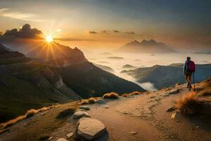 le Soleil monte plus de le montagnes. généré par ai photo