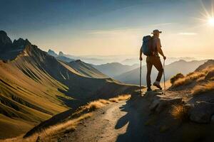 une homme avec une sac à dos et randonnée poteaux des stands sur une Montagne piste. généré par ai photo