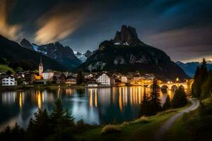 le ville de lauchberg dans le Suisse Alpes à nuit. généré par ai photo