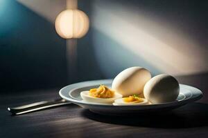 une assiette de bouilli des œufs sur une tableau. généré par ai photo