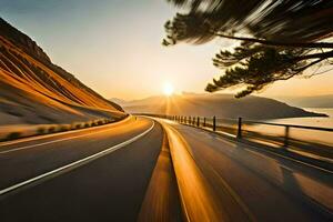 une voiture conduite sur une Autoroute à le coucher du soleil. généré par ai photo