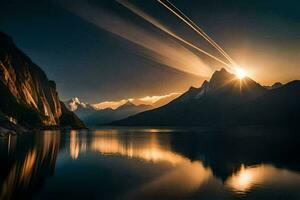 le Soleil brille plus de une Montagne intervalle et une lac. généré par ai photo