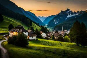 une village dans le montagnes à le coucher du soleil. généré par ai photo