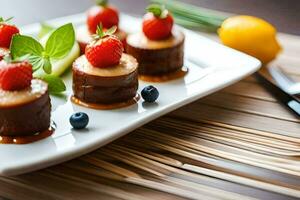 une assiette avec des fraises et myrtilles sur il. généré par ai photo