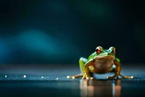 une grenouille est séance sur le sol avec une foncé Contexte. généré par ai photo