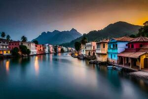 coloré Maisons ligne le banques de une rivière à le coucher du soleil. généré par ai photo