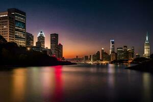 le ville horizon à nuit avec le rivière dans le premier plan. généré par ai photo