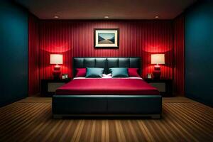 une chambre avec rouge des murs et une noir lit. généré par ai photo