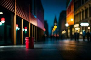 une rouge seau est assis sur le rue à nuit. généré par ai photo