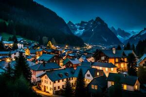 une ville dans le montagnes à nuit. généré par ai photo