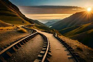 une train Piste enroulement par le montagnes à le coucher du soleil. généré par ai photo