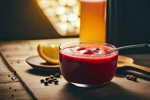 une verre de jus avec une cuillère sur une en bois tableau. généré par ai photo