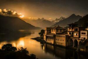 photo fond d'écran le ciel, montagnes, lac, loger, coucher de soleil, le soleil, le montagnes,. généré par ai