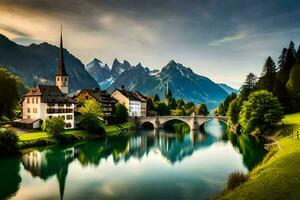 le magnifique village de Suisse avec une rivière et montagnes. généré par ai photo