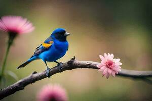 une bleu oiseau est assis sur une branche avec rose fleurs. généré par ai photo