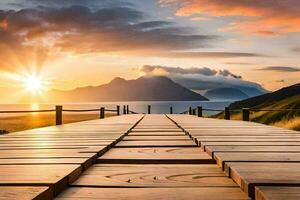 une en bois passerelle pistes à le océan à le coucher du soleil. généré par ai photo