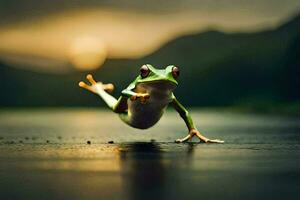 une grenouille sauter sur le sol avec ses jambes diffuser. généré par ai photo