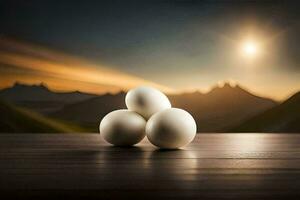 Trois des œufs sur une table avec montagnes dans le Contexte. généré par ai photo