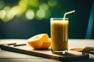 une verre de Orange jus sur une en bois tableau. généré par ai photo