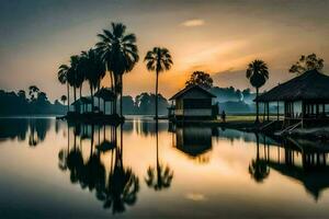 une Lac avec paume des arbres et huttes à le coucher du soleil. généré par ai photo