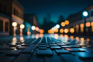 une ville rue à nuit avec lumières sur le bâtiments. généré par ai photo