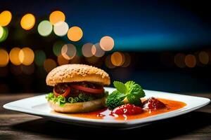 une Hamburger et tomate sauce sur une blanc plaque. généré par ai photo