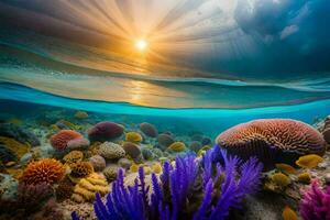 le Soleil brille plus de une corail récif et un sous-marin scène. généré par ai photo