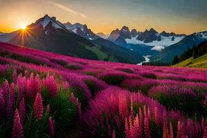 le Soleil ensembles plus de une champ de violet fleurs. généré par ai photo