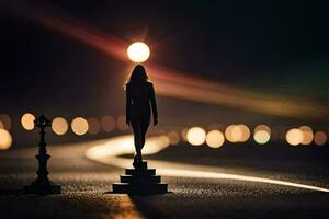 une femme des stands sur une rue à nuit avec une lumière brillant sur son. généré par ai photo