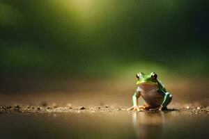 une grenouille séance sur le sol dans de face de une vert Contexte. généré par ai photo