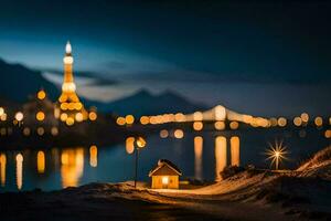 photo fond d'écran le nuit, le ville, le lac, le lumières, le lumières, le ville. généré par ai