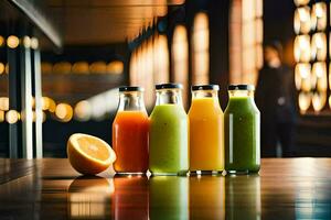 cinq bouteilles de jus séance sur une tableau. généré par ai photo