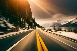 une route avec neige et montagnes dans le Contexte. généré par ai photo