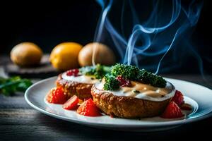 une assiette avec deux Gâteaux et une fumée à venir en dehors de eux. généré par ai photo