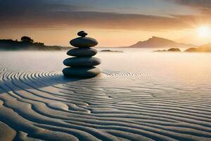 empilés des pierres dans le le sable à le coucher du soleil. généré par ai photo