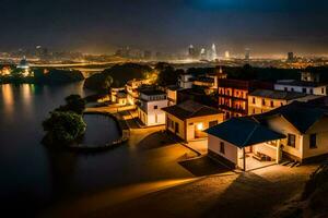 une ville à nuit avec une rivière et Maisons. généré par ai photo