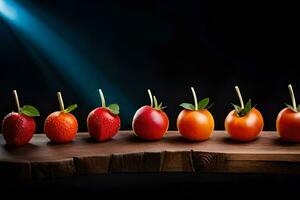 une rangée de des fraises et tomates sur une en bois planche. généré par ai photo