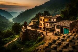 une petit village dans le montagnes à le coucher du soleil. généré par ai photo