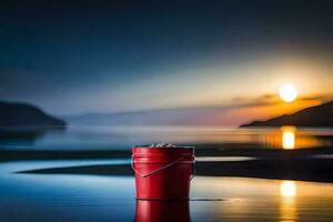 une rouge seau séance sur le plage à le coucher du soleil. généré par ai photo