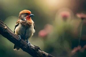 une petit oiseau est séance sur une branche. généré par ai photo