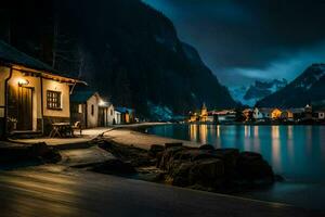 photo fond d'écran le nuit, montagnes, lac, loger, loger, le nuit, le montagnes,. généré par ai