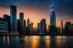 le ville horizon à le coucher du soleil dans Dubai. généré par ai photo