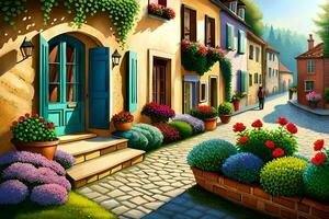 une La peinture de une rue avec fleurs et les plantes. généré par ai photo