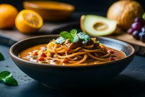 une bol de spaghetti avec Boulettes de viande et des légumes. généré par ai photo