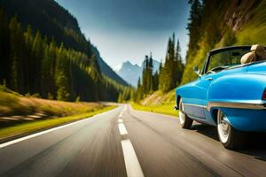 une bleu convertible voiture conduite vers le bas une Montagne route. généré par ai photo